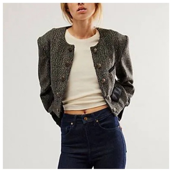 Free People Tweed Emily Jacket sz: S Black Cropped Military Coat Velvet Cuffs - Picture 1 of 9